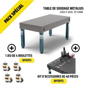 Pack Table de soudage 2000x1000mm Metalius - Ép.12mm + 4 roulettes + kit 40 outils 16mm
