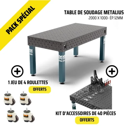 Pack Table de soudage 2000x1000mm Ép.12mm + roulettes + kit 40 outils