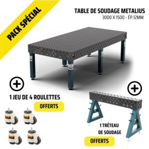 Table de soudage 3000x1500mm Metalius - Ép.12mm + 4 roulettes + 1 tréteau